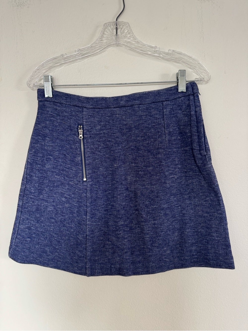 Blue Heathered A-Line Mini Skirt Exposed Zip Pockets Side Zip Preppy